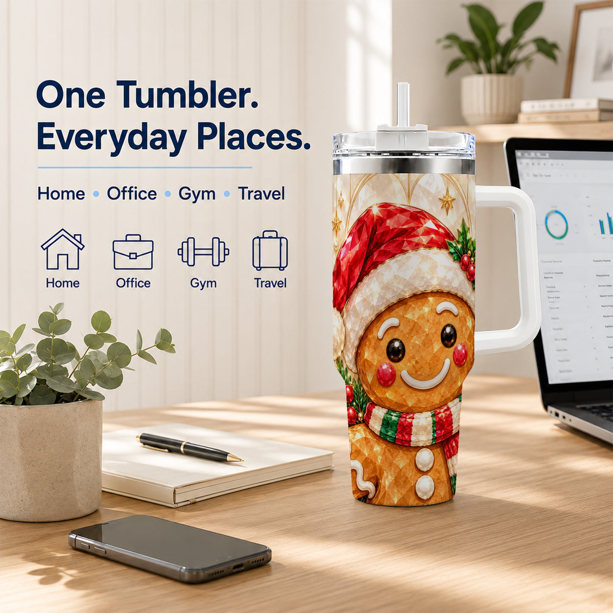 Scarf Gingerbread Tumbler 40oz, Holiday Tumbler, Stainless Steel Travel Cup