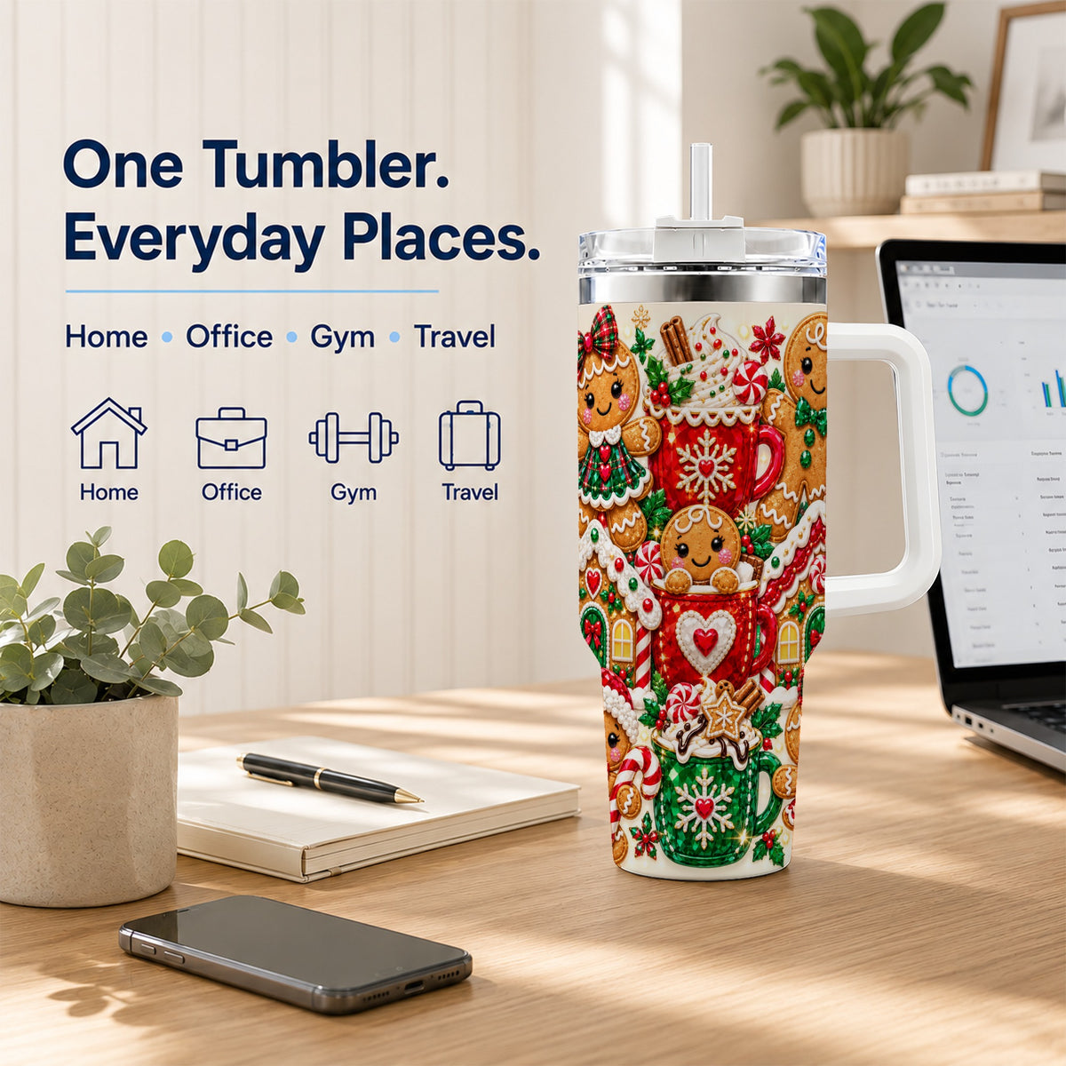 Gingerbread Tumbler 40oz, Holiday Tumbler, Stainless Steel Travel Cup