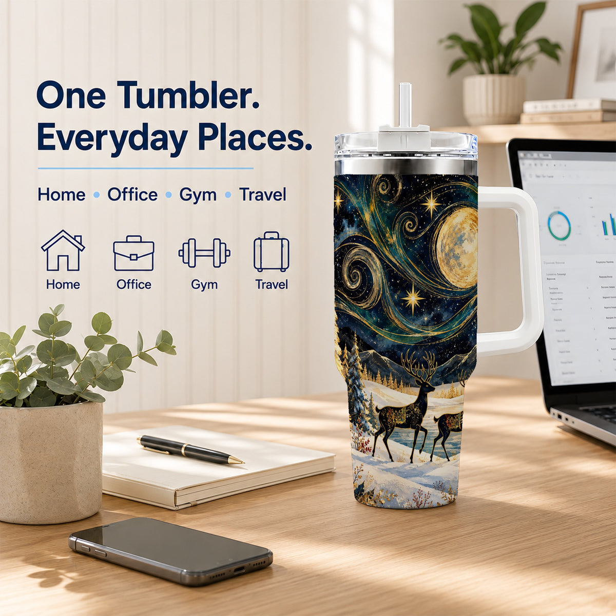 Moonlit Deer 40oz Tumbler, Winter Forest Stainless Steel Travel Cup