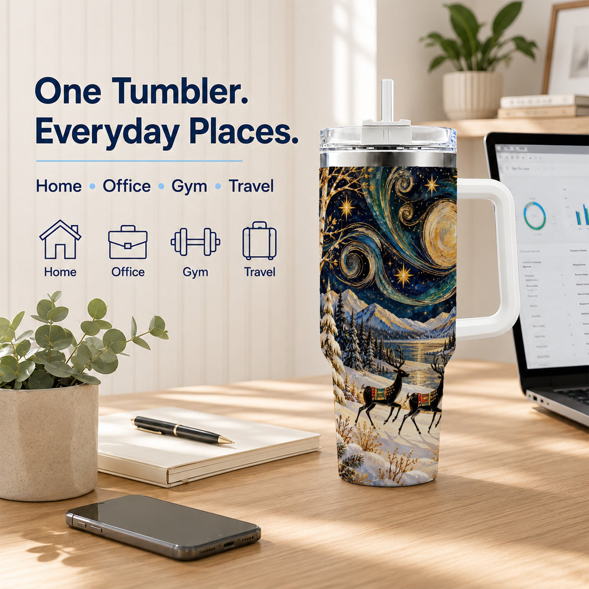 Winter Deer Lake 40oz Tumbler, Starry Night Stainless Steel Travel Cup