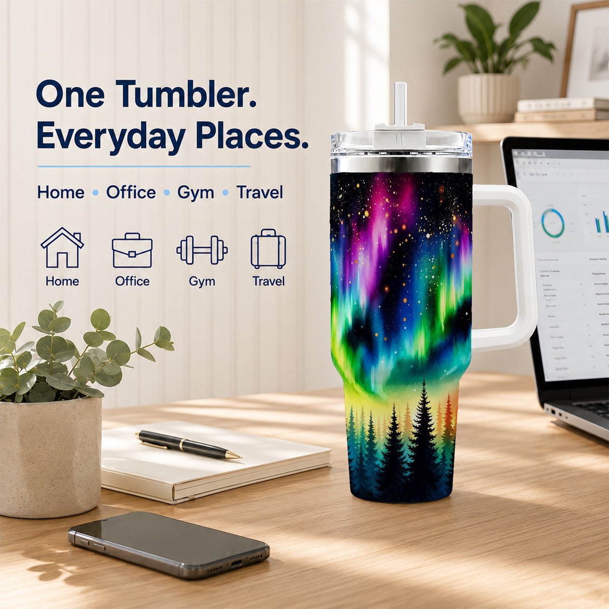 Northern Lights 40oz Tumbler, Aurora Forest Stainless Steel Travel Cup