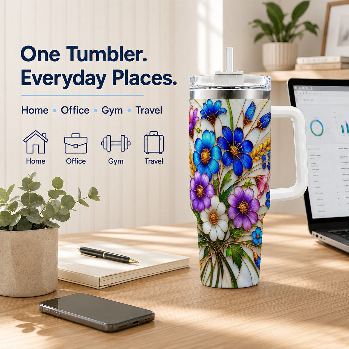 Blue Wildflower 40oz Tumbler, Botanical Stainless Steel Travel Cup