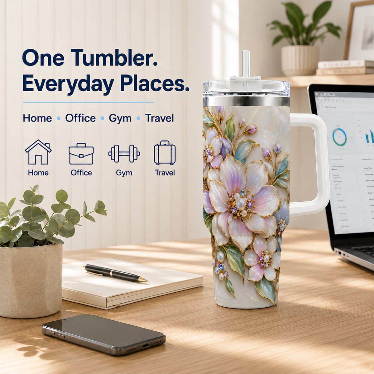 Pastel Floral 40oz Tumbler with Handle, Pearl Stainless Steel Travel Cup