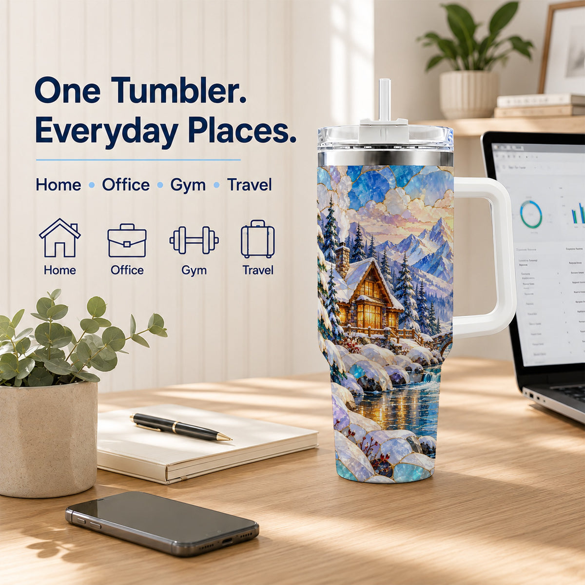 Snowy Cabin 40oz Tumbler, Winter Scene Tumbler, Steel Travel Cup