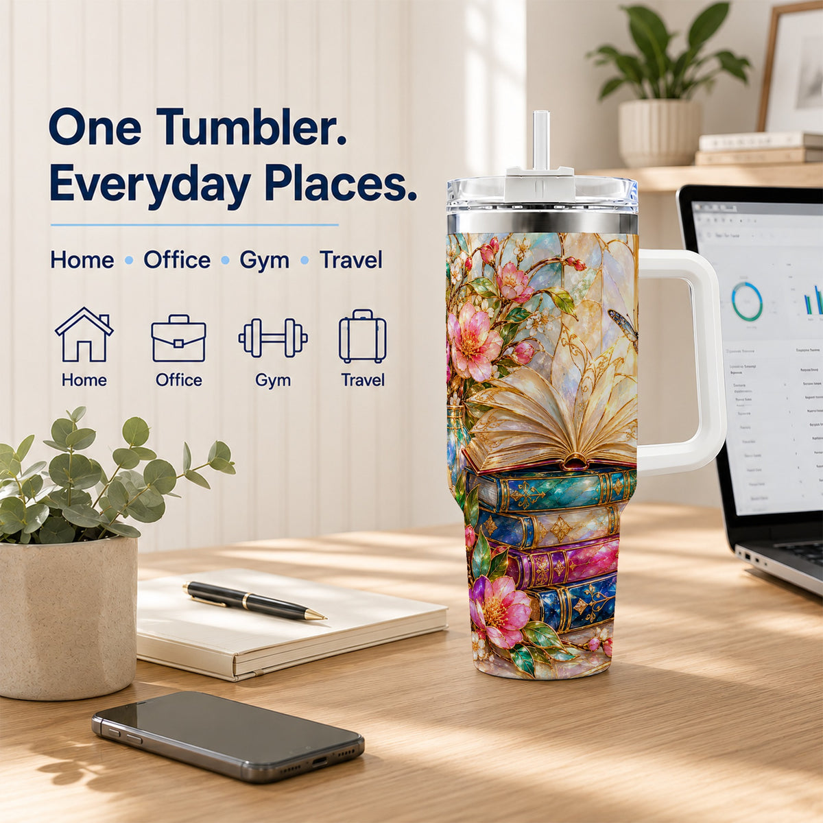 Floral Books 40oz Tumbler, Butterfly Theme Tumbler, Steel Travel Cup