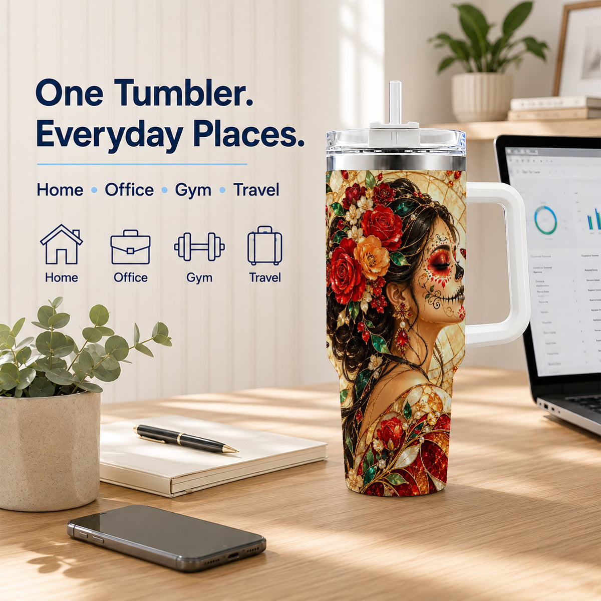 Floral Sugar Skull Woman 40oz Tumbler with Handle, Mosaic Travel Cup
