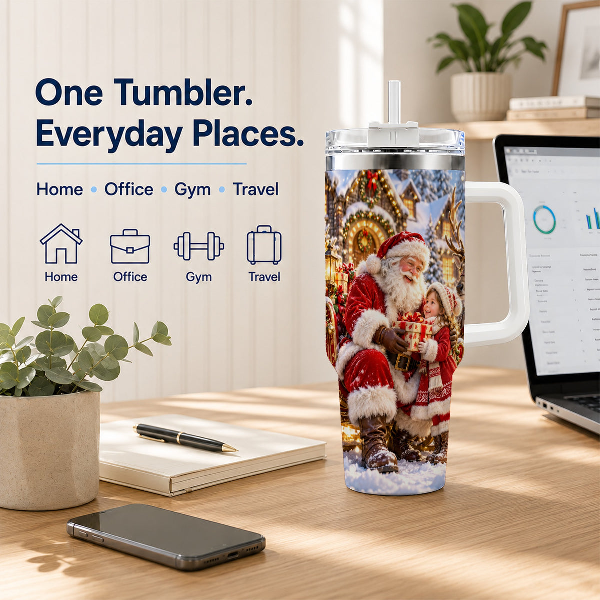 Santa Reindeer Tumbler 40oz, Christmas Tumbler, Stainless Steel Travel Cup