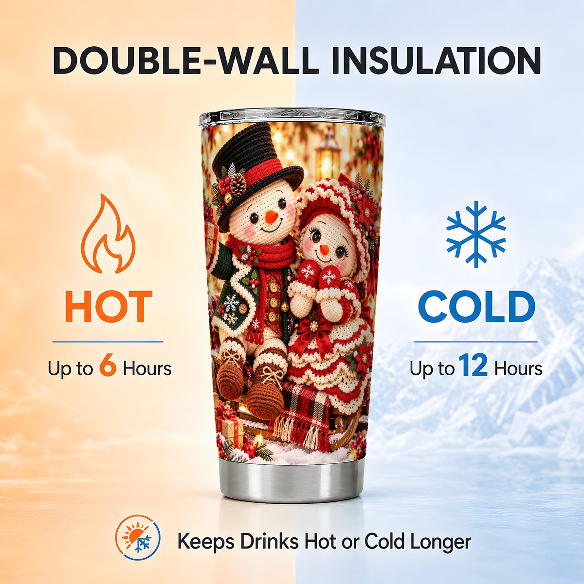 Snowman Sleigh Couple Tumbler 20oz, Stainless Steel Travel Cup