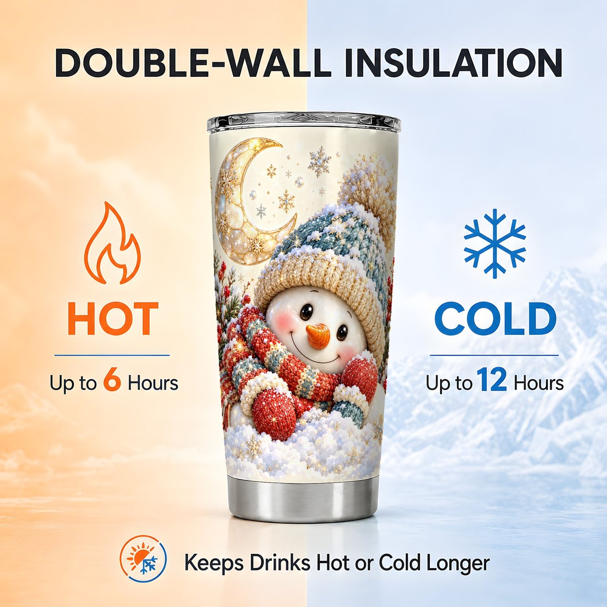 Cozy Snowman Tumbler 20oz, Winter Stainless Steel Travel Cup