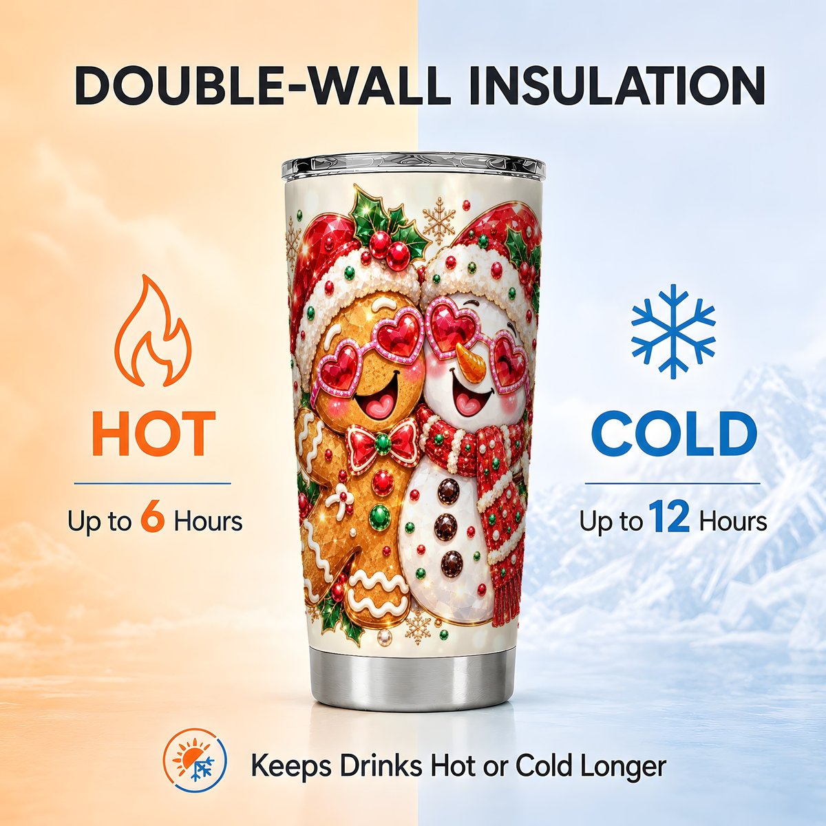 Gingerbread Snowman Tumbler 20oz, Holiday Stainless Steel Travel Cup