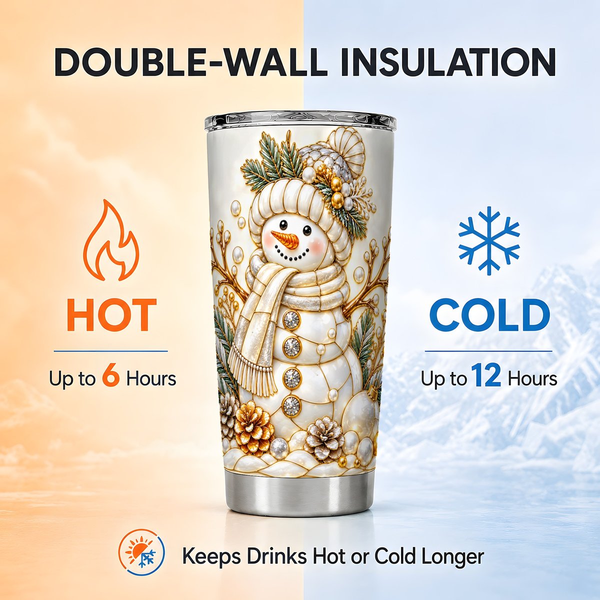 Pearl Snowman Tumbler 20oz, Christmas Tumbler, Stainless Steel Travel Cup