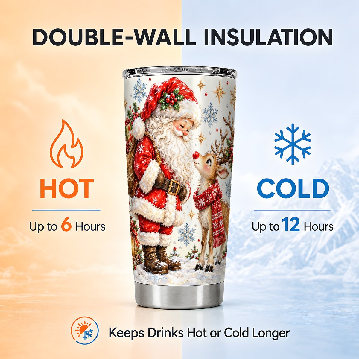 Santa Reindeer Tumbler 20oz, Snowflake Stainless Steel Travel Cup