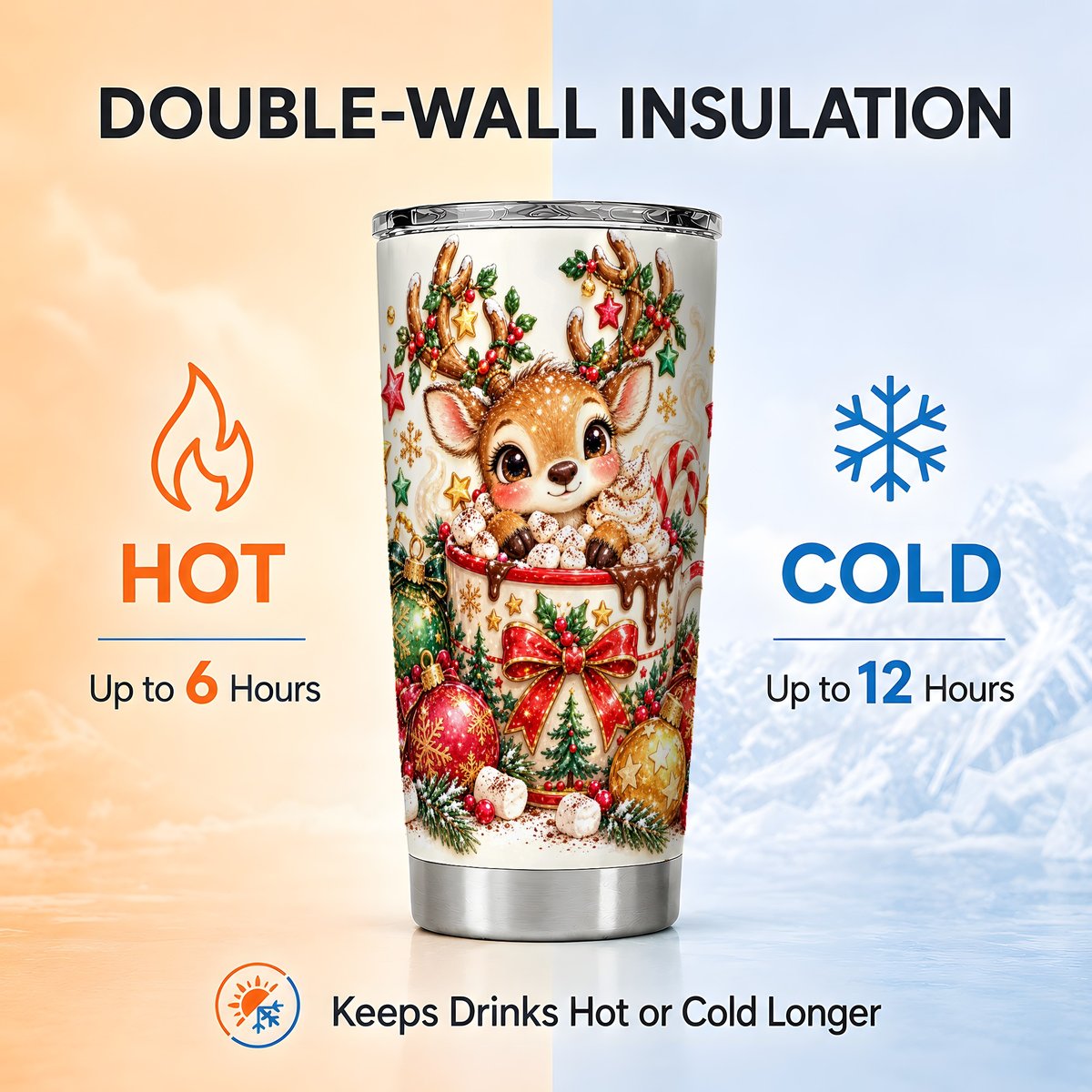Christmas Reindeer Tumbler 20oz, Cocoa Stainless Steel Travel Cup