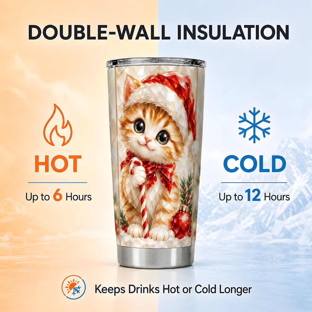 Christmas Cat Tumbler 20oz, Santa Kitten Tumbler, Stainless Steel Travel Cup