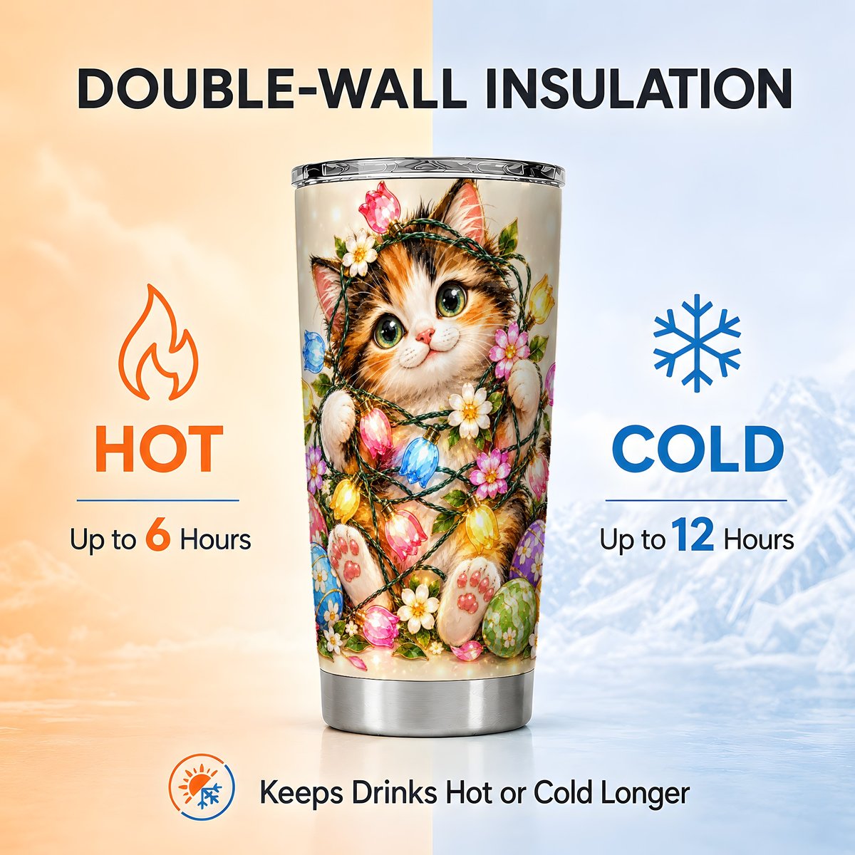 Easter Calico Kitten Tumbler 20oz, Floral Stainless Steel Travel Cup