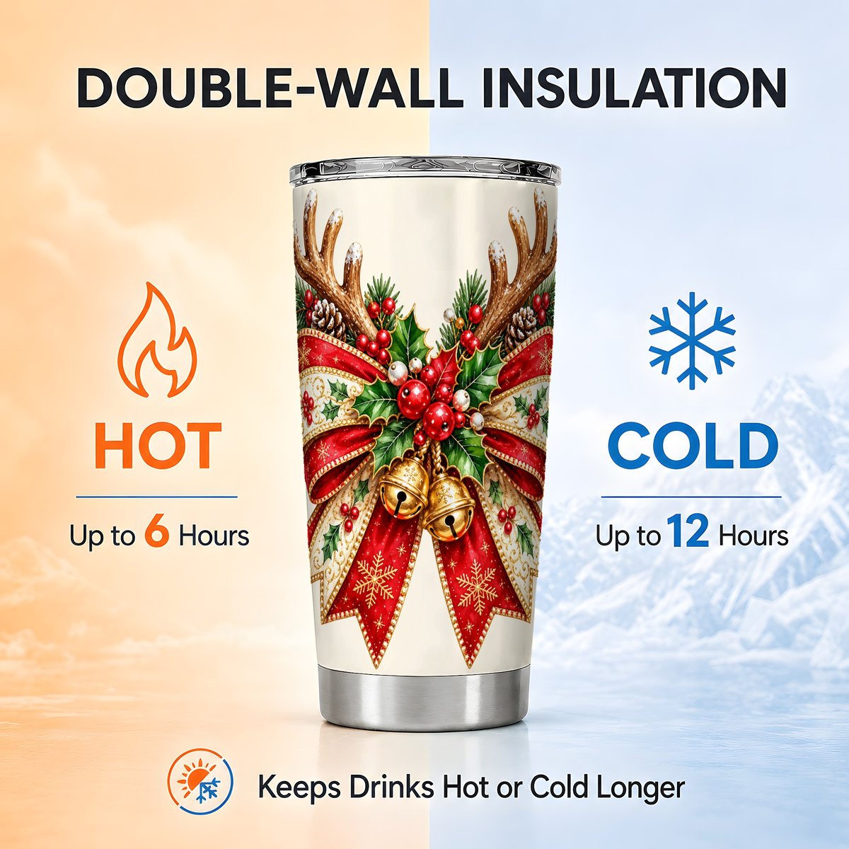 Reindeer Bow Tumbler 20oz, Holiday Tumbler, Stainless Steel Travel Cup