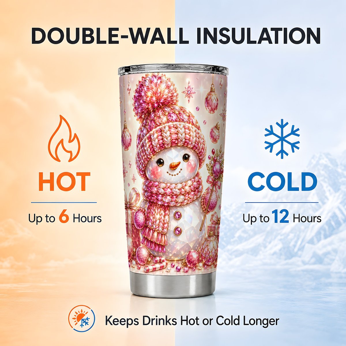Crystal Snowman Tumbler 20oz, Winter Tumbler, Stainless Steel Travel Cup