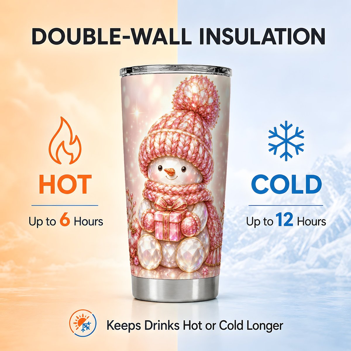 Pink Snowman Tumbler 20oz, Crystal Tumbler, Stainless Steel Travel Cup