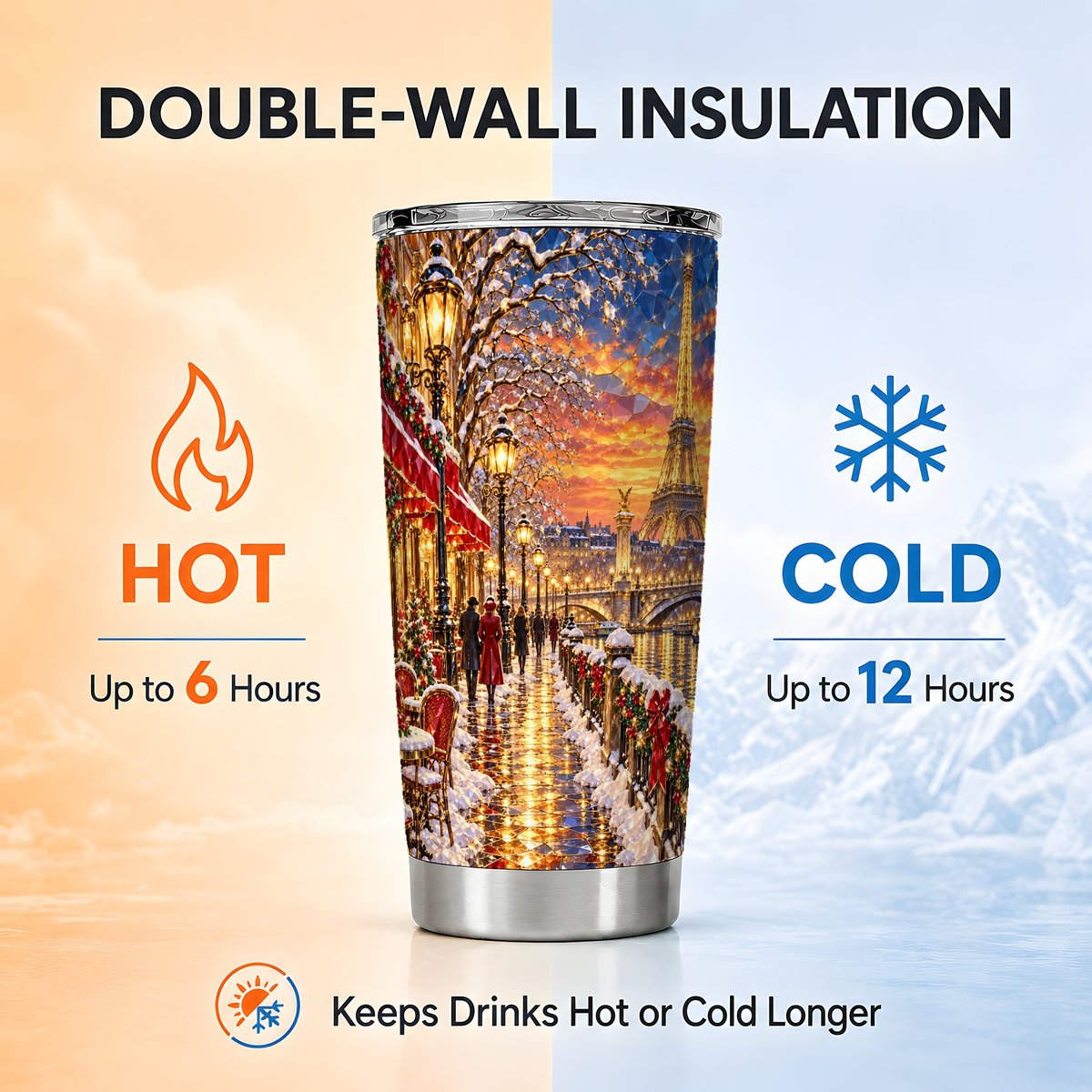 Paris Christmas 20oz Tumbler, Winter Scene Tumbler, Steel Travel Cup