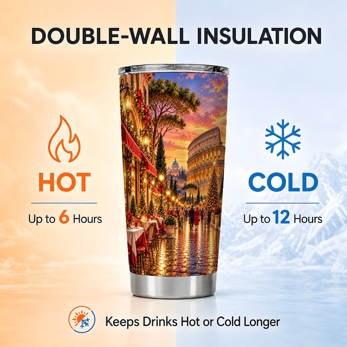 Rome Christmas 20oz Tumbler, Colosseum Tumbler, Steel Travel Cup