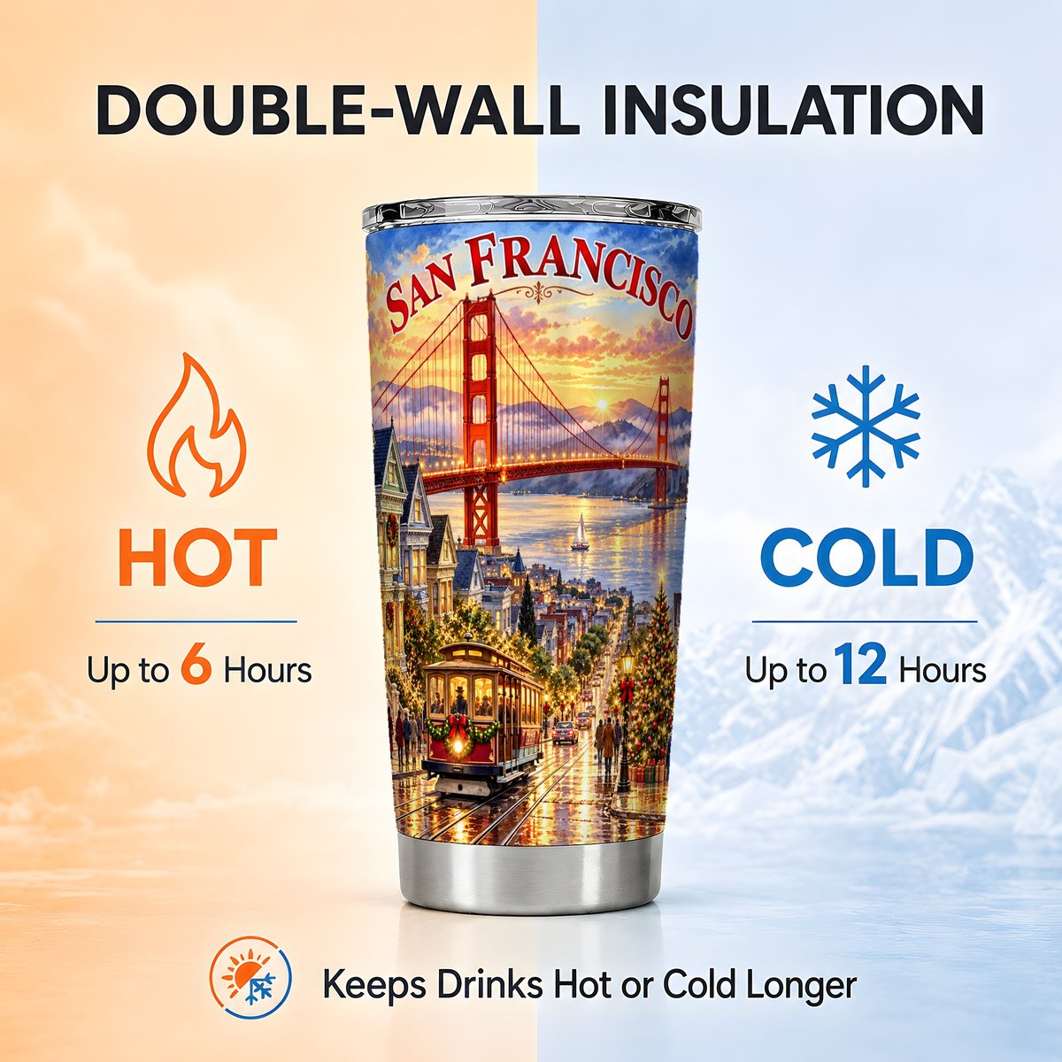 San Francisco 20oz Tumbler, Christmas City Tumbler, Steel Travel Cup