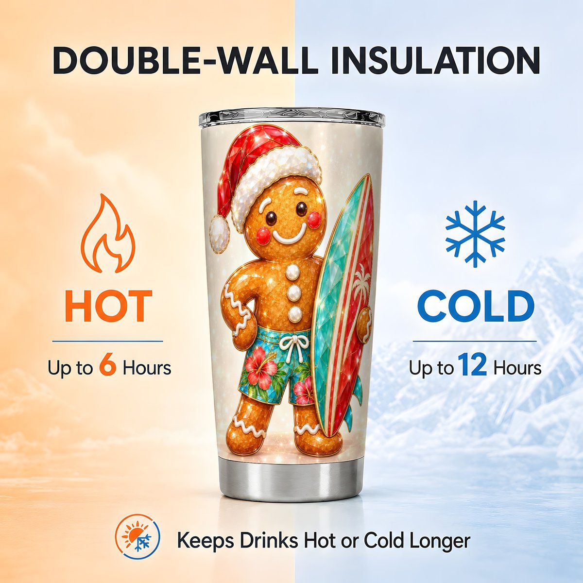 Gingerbread Surf Holiday Tumbler 20oz, Christmas Stainless Steel Travel Cup