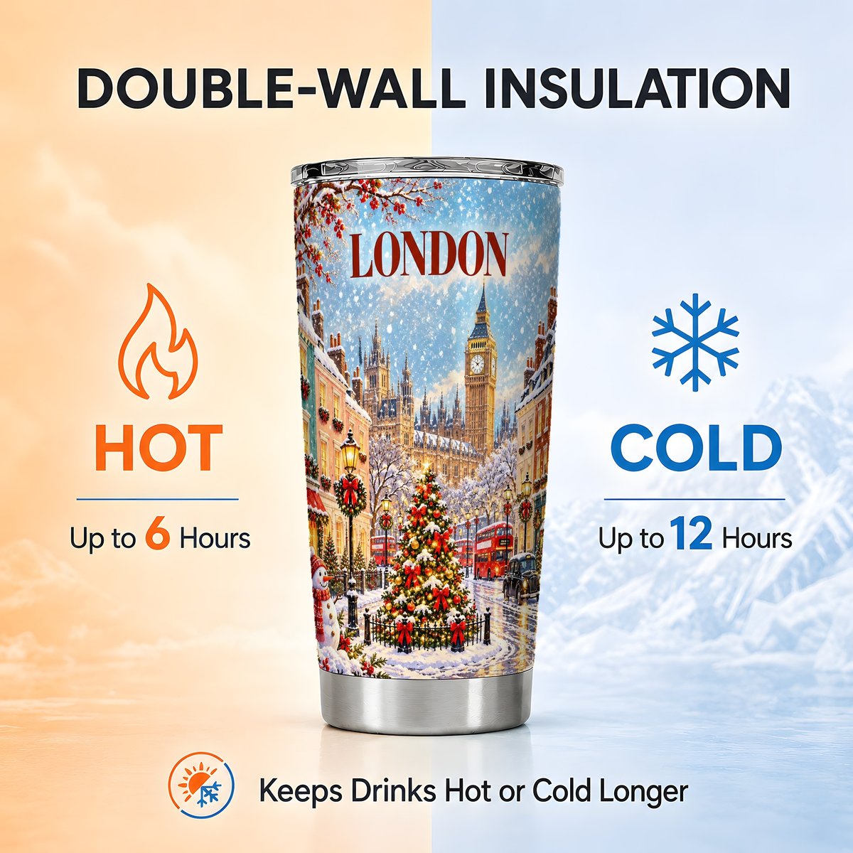 London Christmas Tumbler 20oz, Winter Tumbler, Stainless Steel Travel Cup