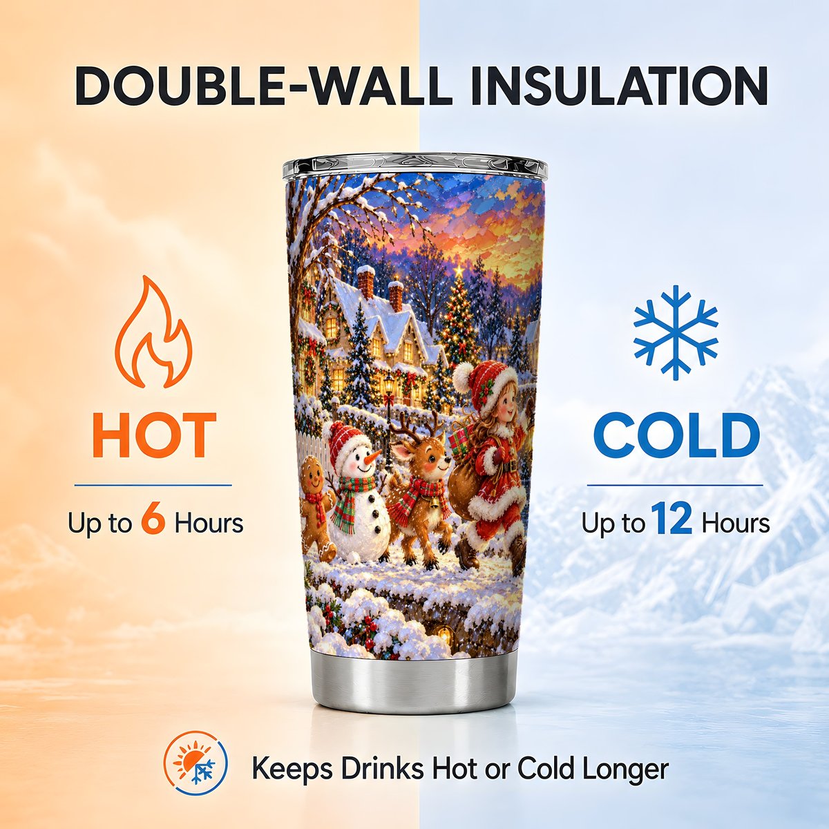 Snowy Village Tumbler 20oz, Christmas Tumbler, Stainless Steel Travel Cup
