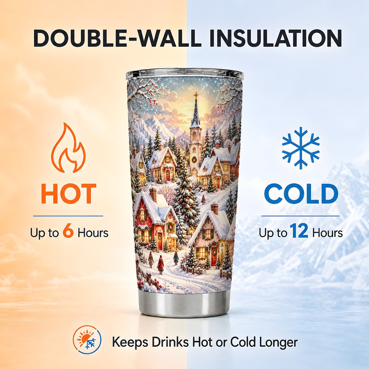 Mountain Village Tumbler 20oz, Snowy Cottage Stainless Steel Travel Cup