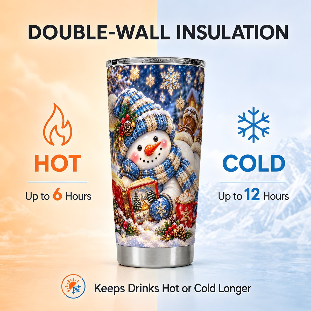 Reading Snowman Tumbler 20oz, Winter Tumbler, Stainless Steel Travel Cup