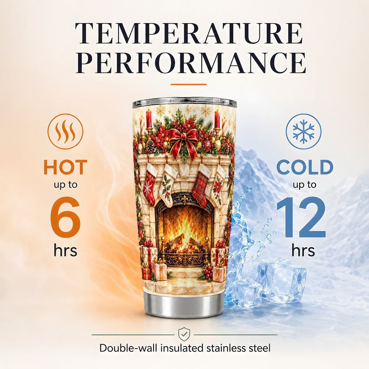 Christmas Fireplace 20oz Tumbler, Holiday Travel Cup for Women
