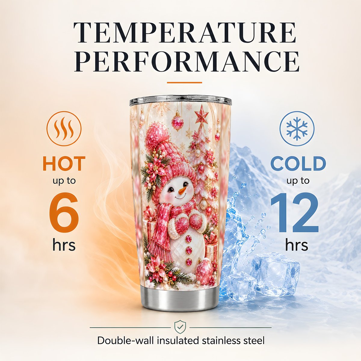 Pink Christmas Snowman 20oz Tumbler, Winter Travel Cup for Women