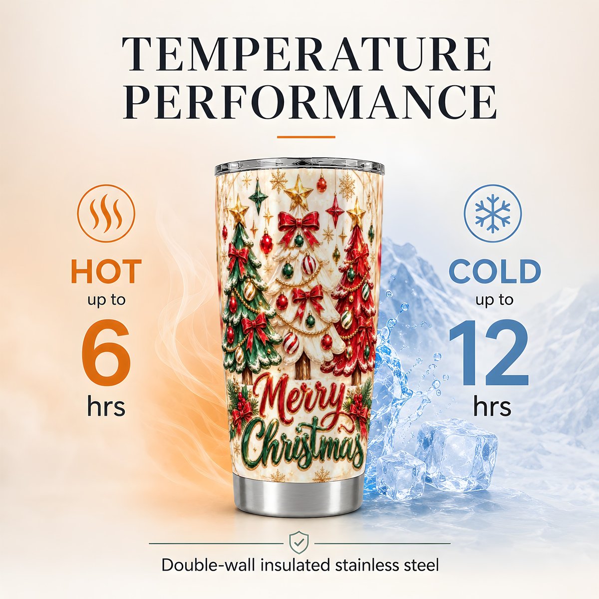 Christmas Tree Trio 20oz Tumbler, Merry Christmas Holiday Travel Cup