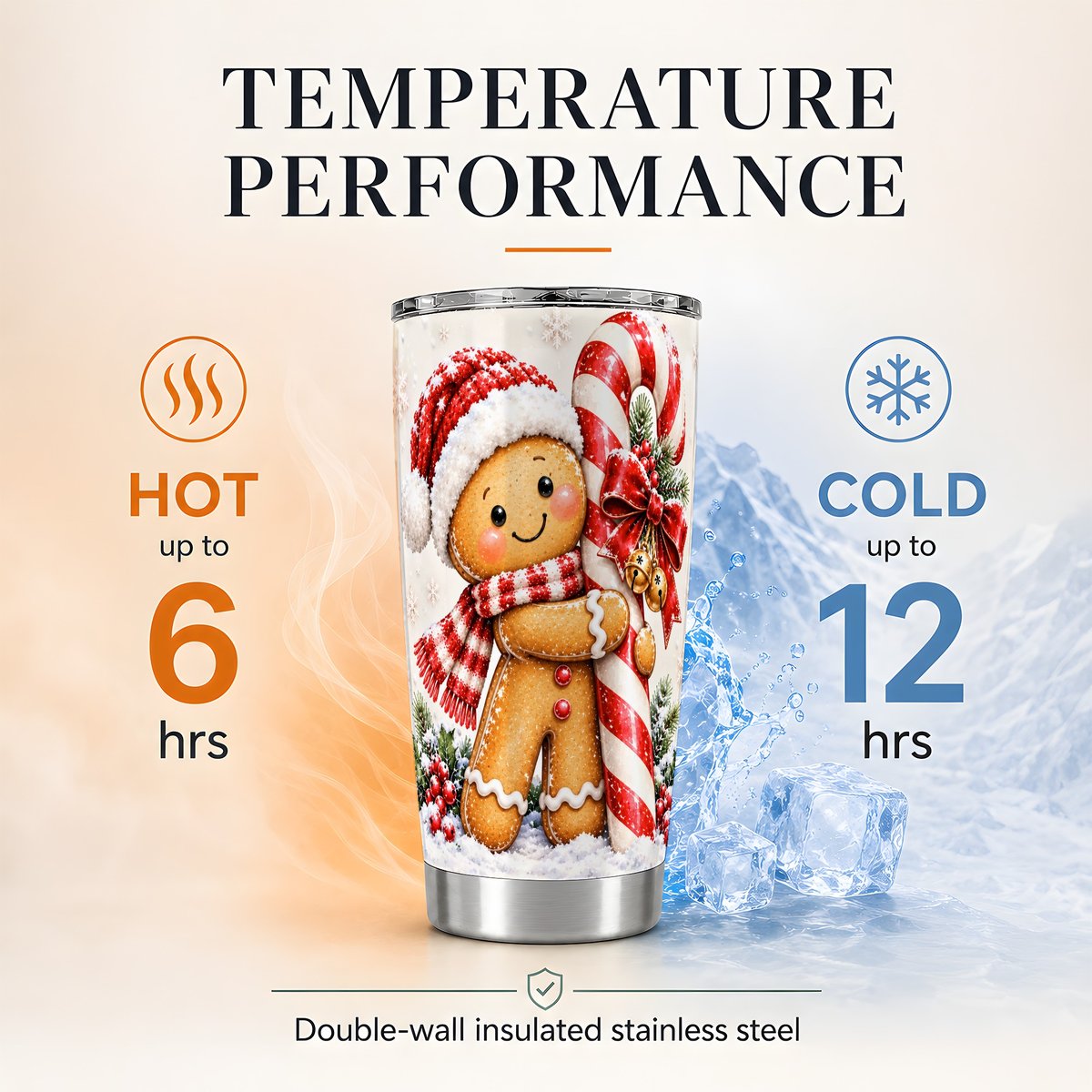 Gingerbread Candy Cane 20oz Tumbler, Christmas Travel Cup, Sweet Cheer
