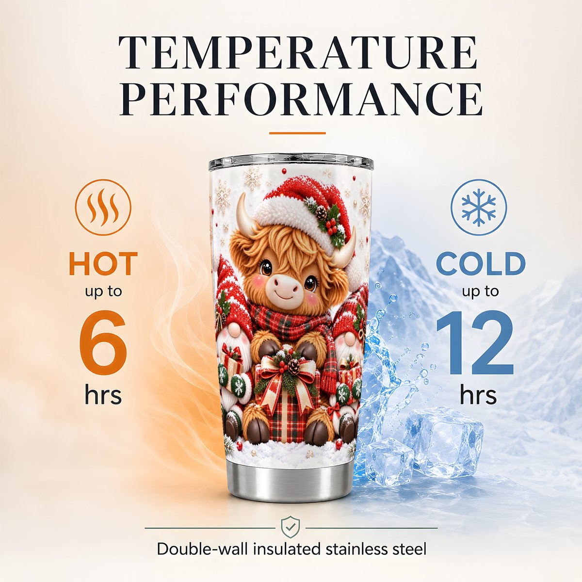 Highland Cow Gnomes 20oz Tumbler, Christmas Travel Cup for Women