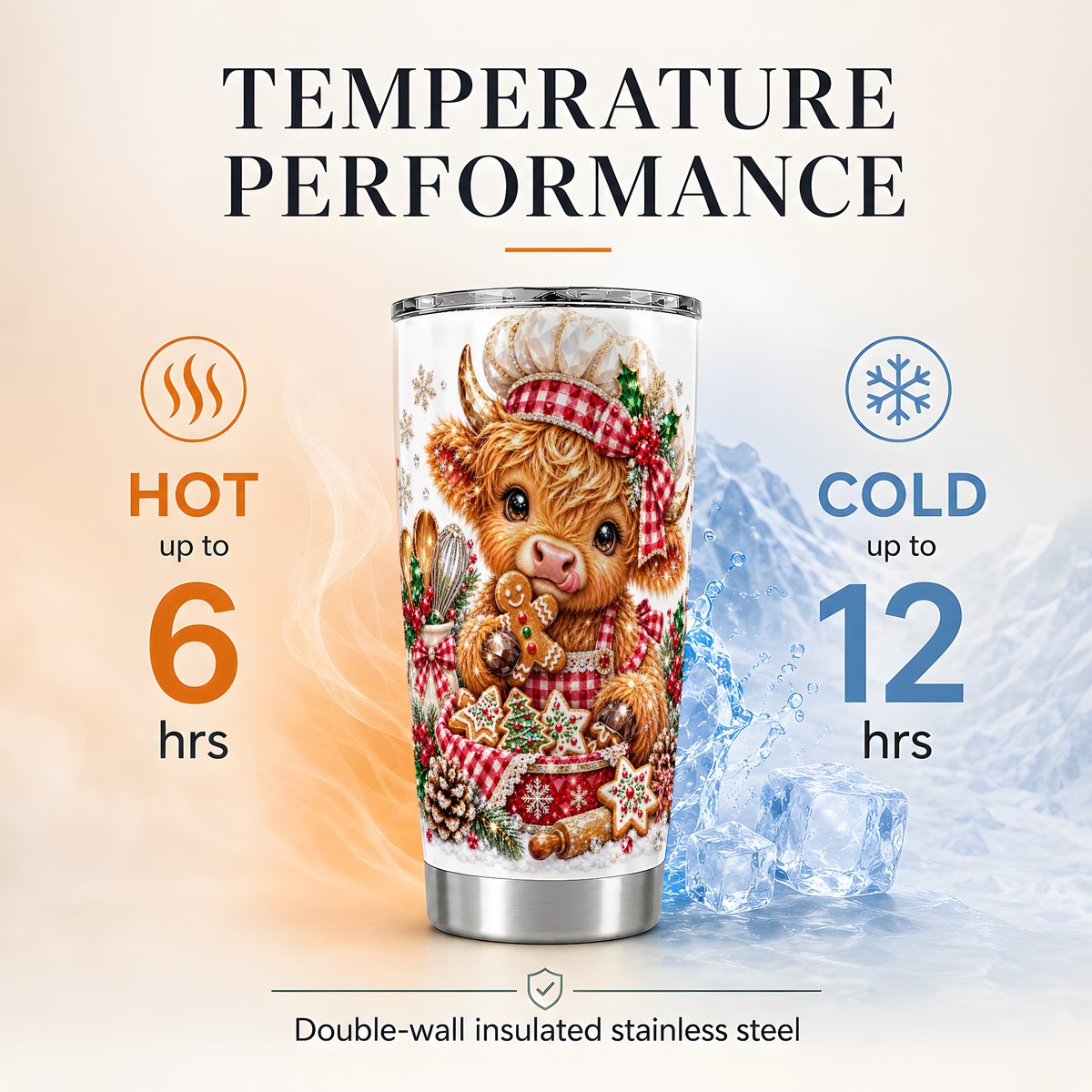 Christmas Baking Highland Cow 20oz Tumbler, Holiday Travel Cup for Bakers