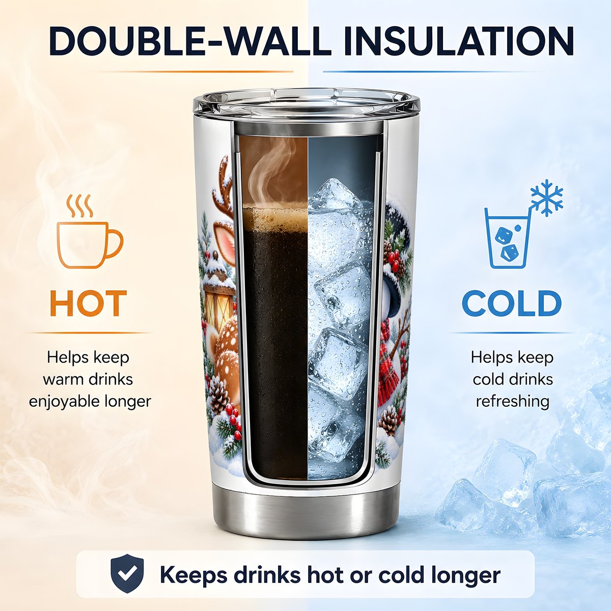 Christmas Reindeer and Snowman Tumbler 20oz, Winter Illustration