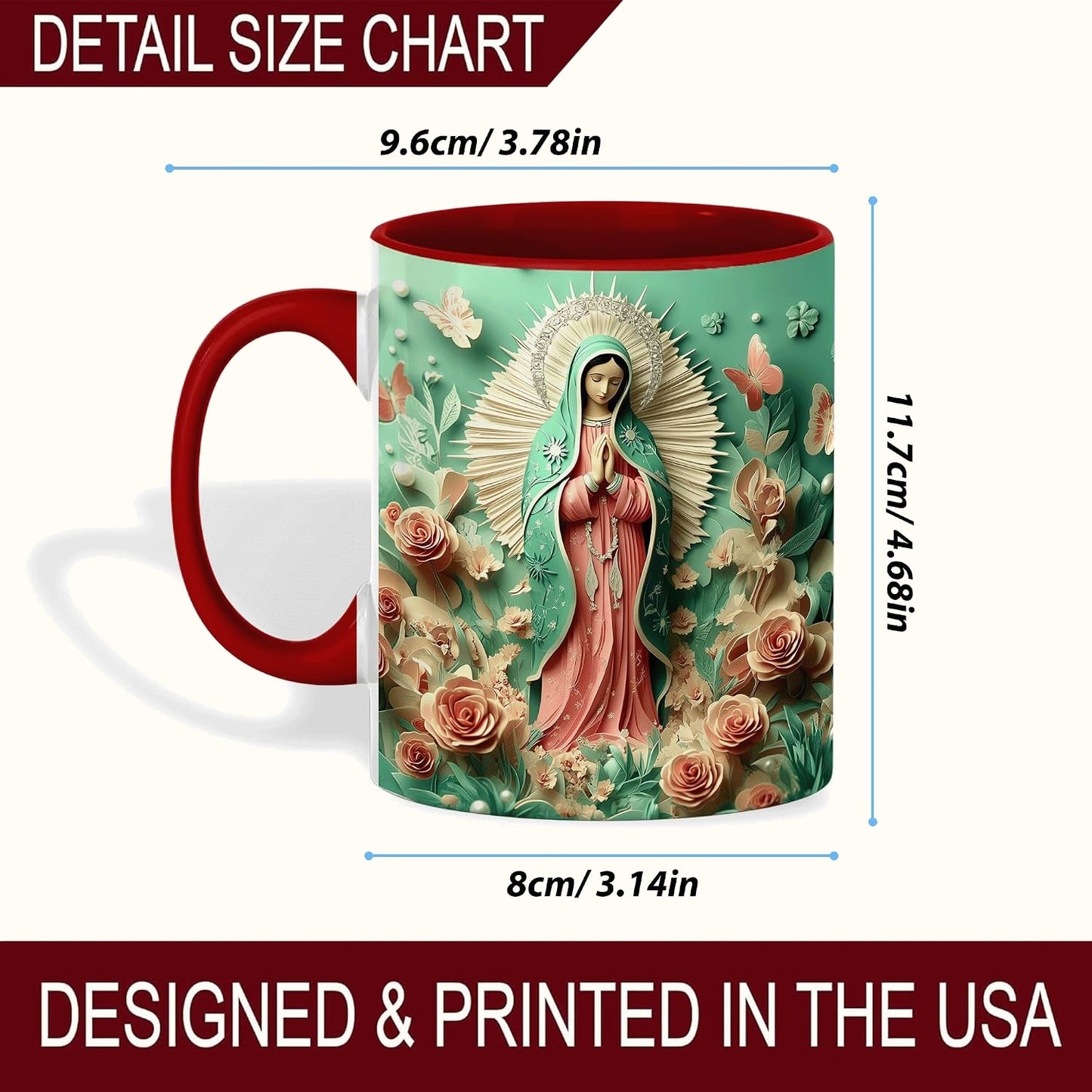 Our Lady of Guadalupe Mug, Floral Paper Art with Radiant Halo, Virgin Mary Ceramic Cup