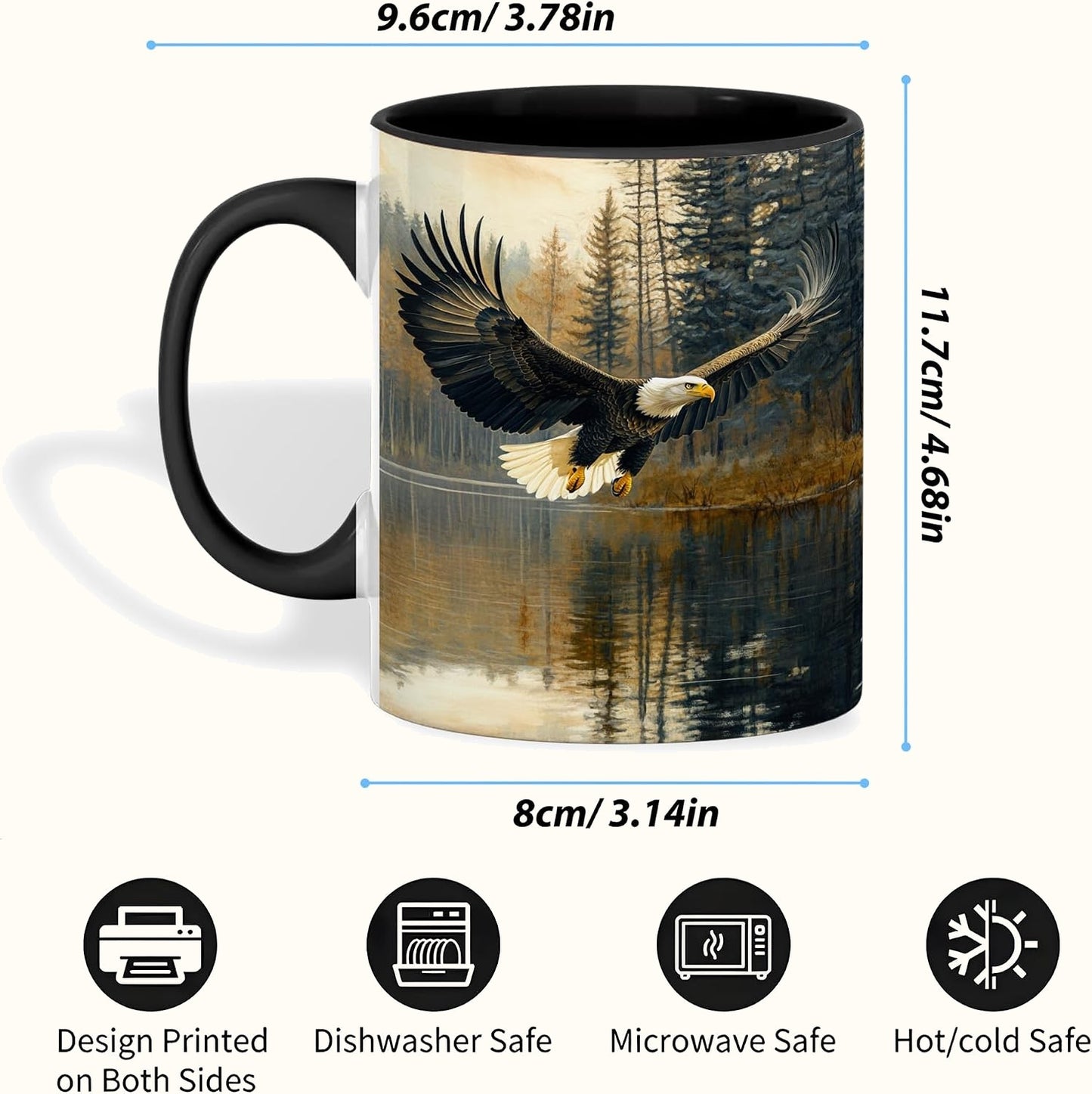 Bald Eagle Ceramic Mug, Eagle Over Lake and Forest Scene, Wildlife Coffee Cup