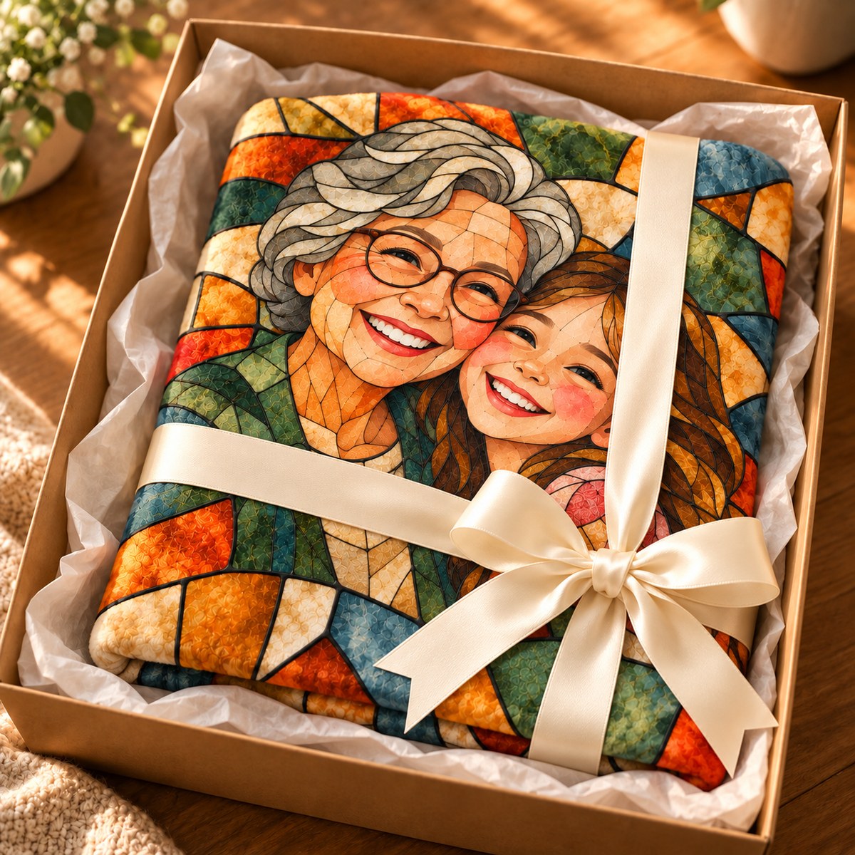 Custom Photo Stained Glass Portrait Plush Fleece Blanket - Family Mom Grandma Personalized Blanket Gift — gift