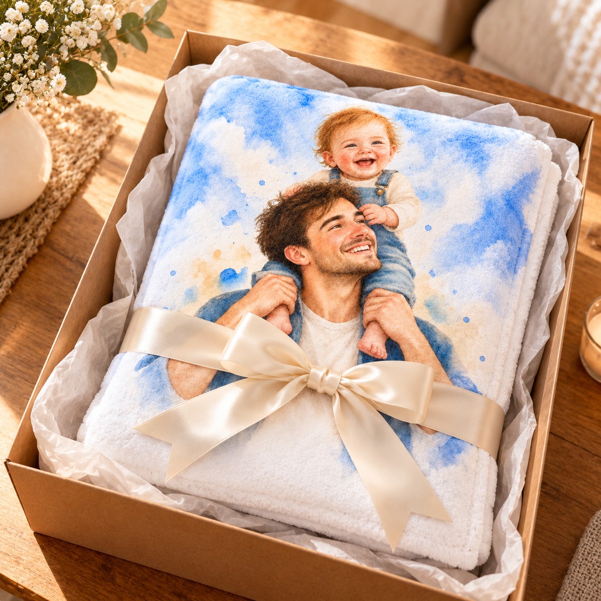 Custom Photo Watercolor Portrait Plush Fleece Blanket - Family Memory Personalized Blanket Gift — gift