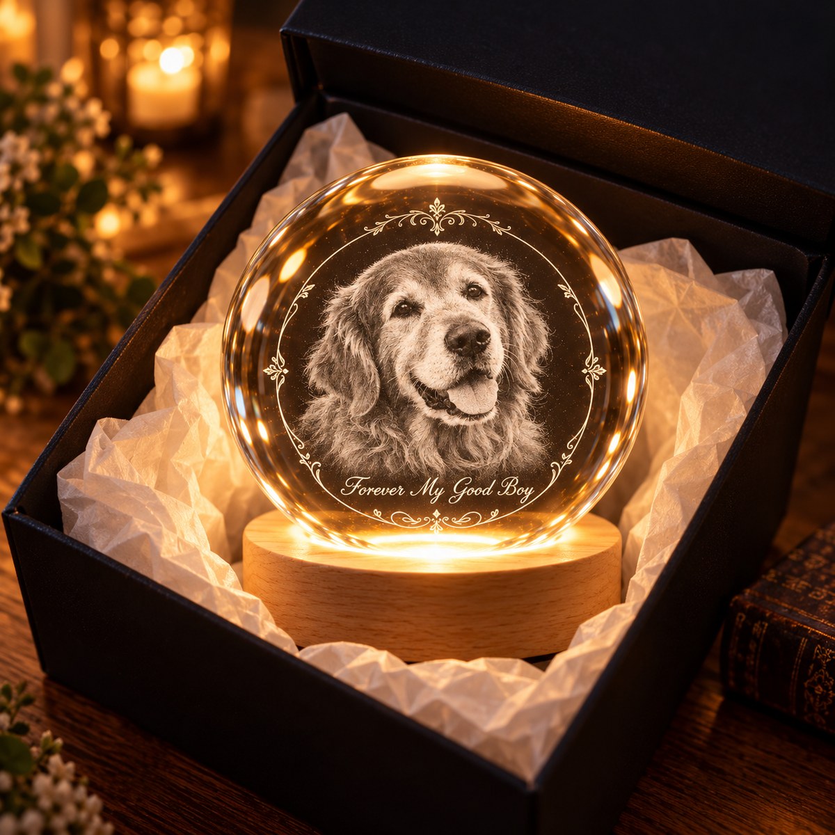 Custom Photo Pet Memorial Pencil Sketch - Personalized Crystal Globe Night Light — gift