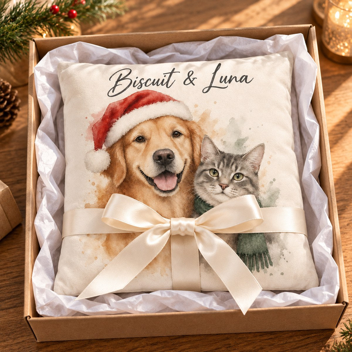 Custom Photo Watercolor Christmas Pet Portrait Throw Pillow Cover - Personalized Pillow Gift For Dog & Cat Lovers — gift