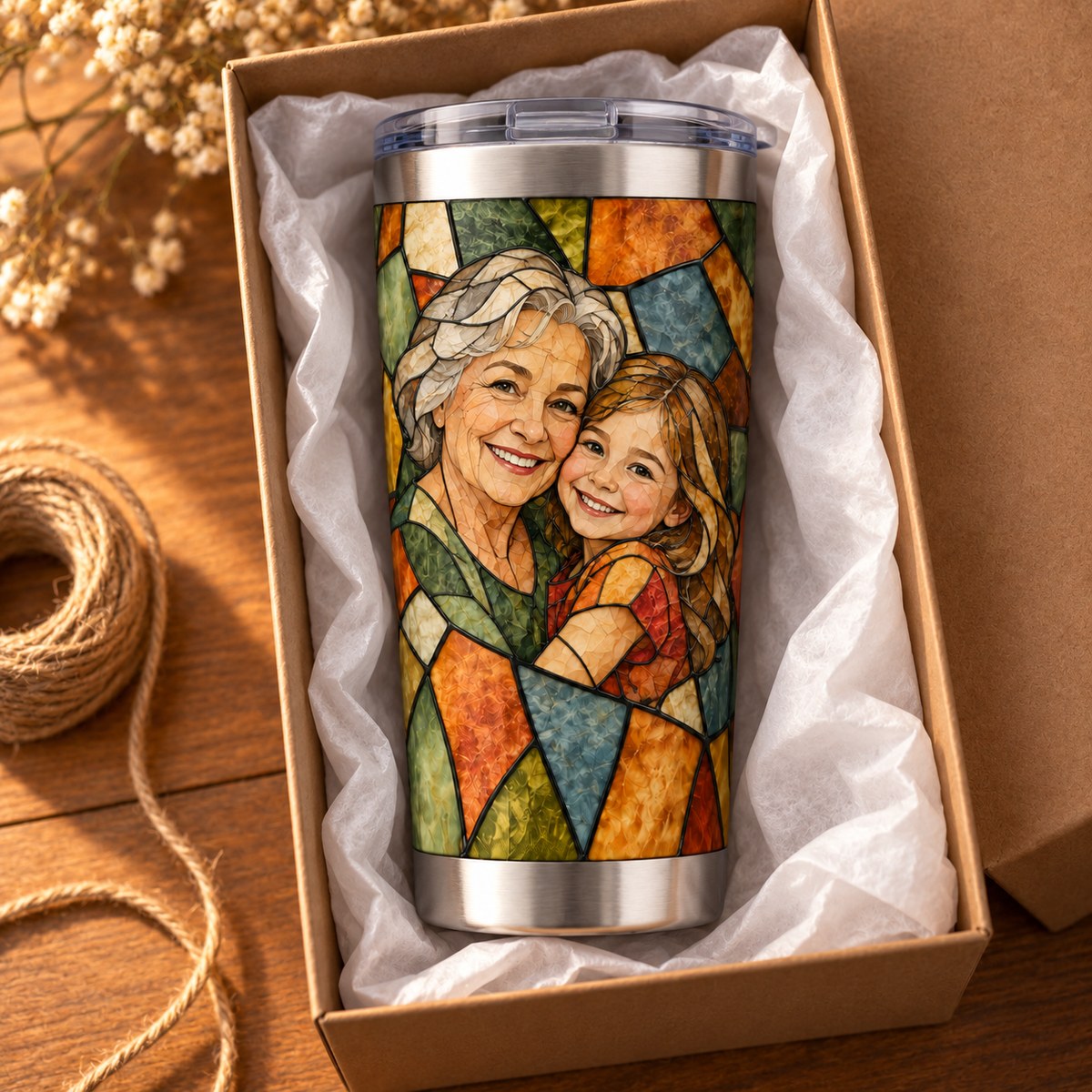 Custom Photo Stained Glass Portrait 20oz Stainless Steel Tumbler - Family Mom Grandma Personalized Tumbler Gift — gift