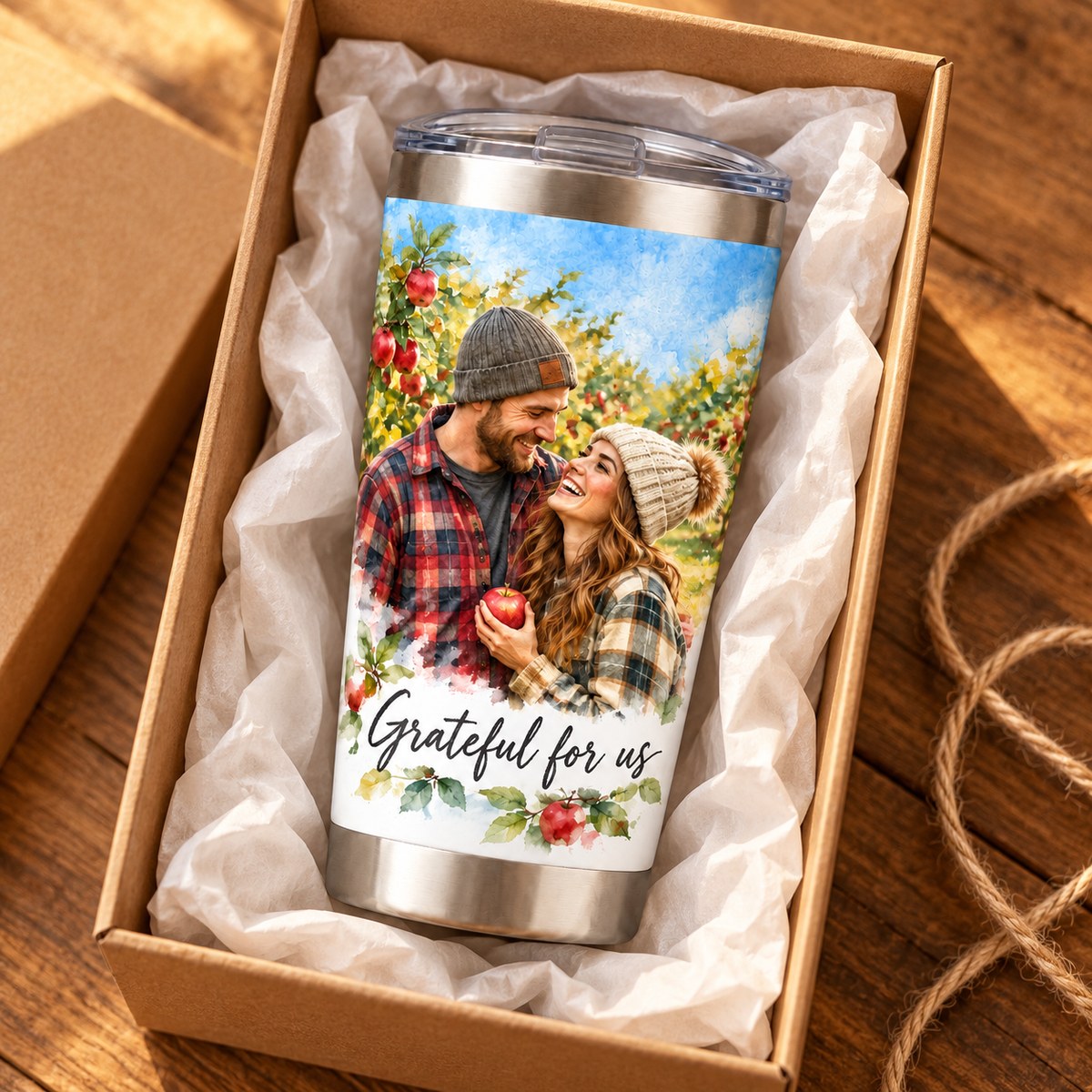 Custom Photo Watercolor Portrait 20oz Stainless Steel Tumbler - Fall Couple Personalized Tumbler Gift — gift