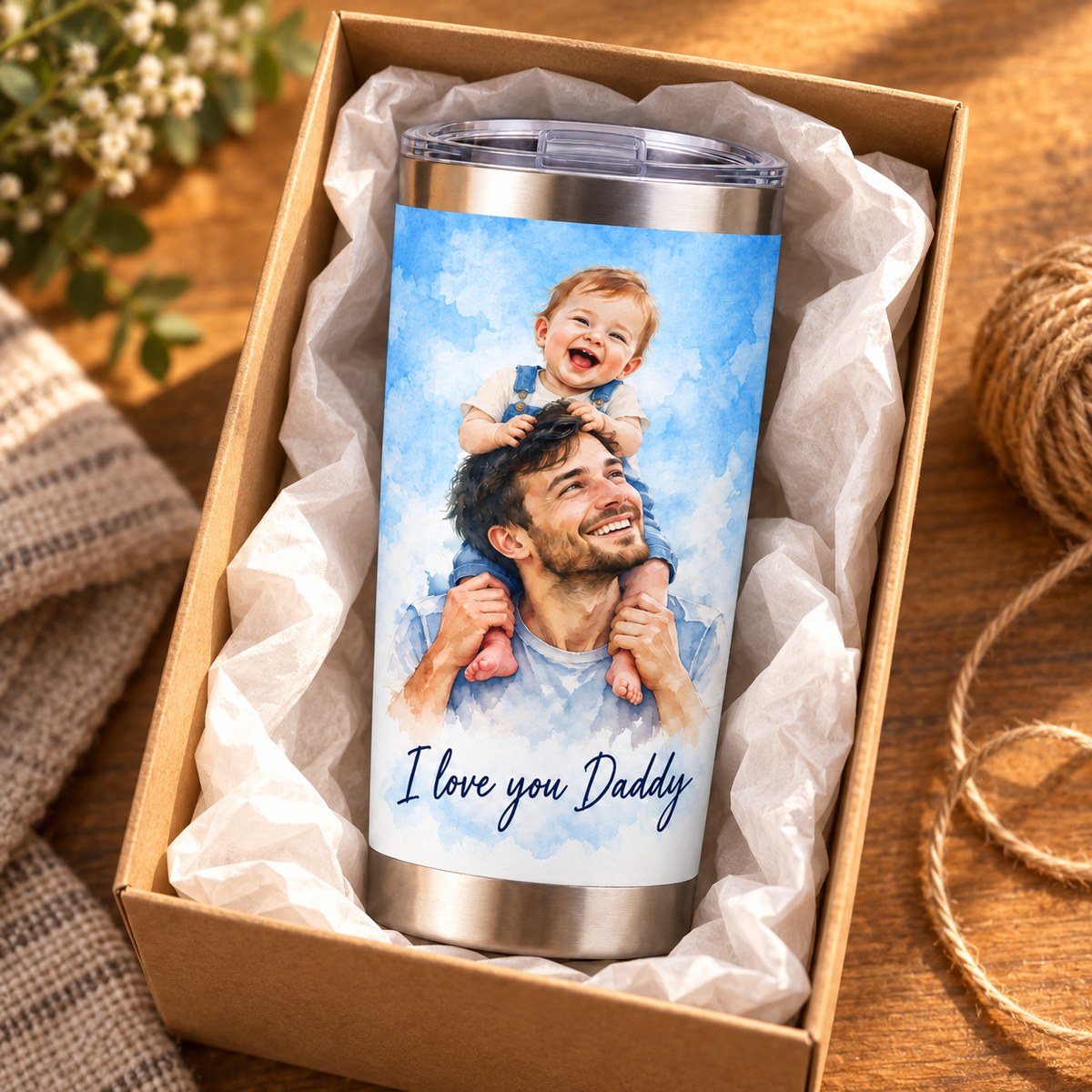 Custom Photo Watercolor Portrait 20oz Stainless Steel Tumbler - Family Memory Personalized Tumbler Gift — gift