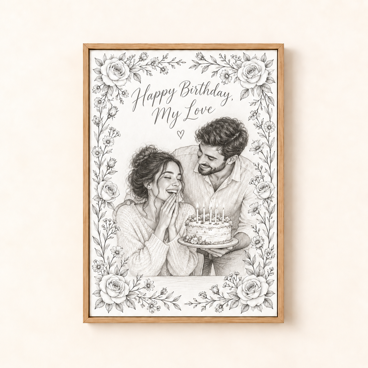Birthday pencil sketch canvas, Happy Birthday, My Love, framed