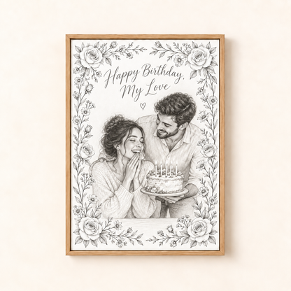 Birthday pencil sketch canvas, Happy Birthday, My Love, framed
