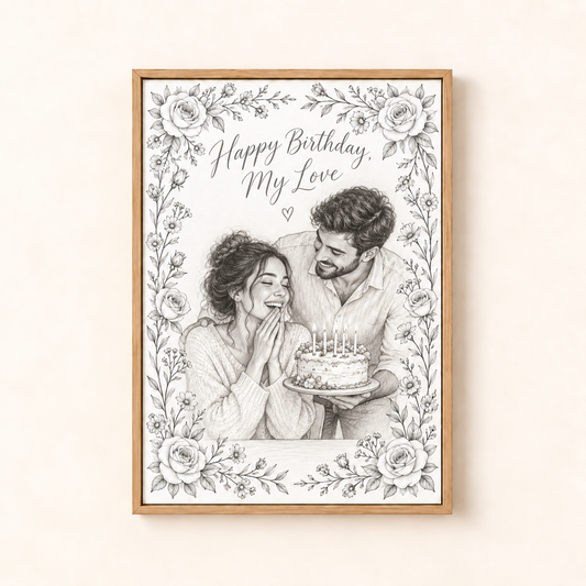 Birthday pencil sketch canvas, Happy Birthday, My Love, framed