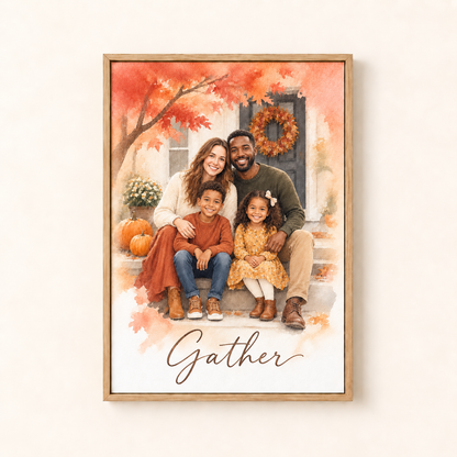 Fall Home watercolor canvas, Gather, framed